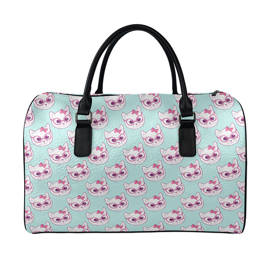 Girly Cat With Glasses Pattern Print Leather Duffle Bag
