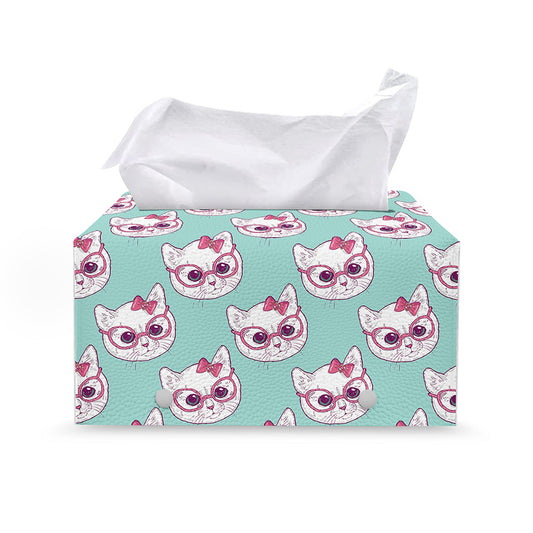 Girly Cat With Glasses Pattern Print Leather Tissue Box Cover