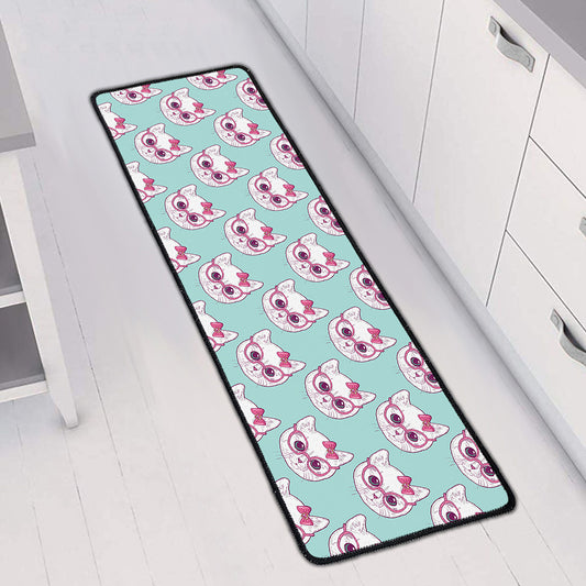 Girly Cat With Glasses Pattern Print Long Kitchen Mat