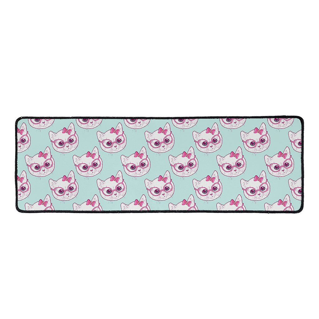 Girly Cat With Glasses Pattern Print Long Kitchen Mat