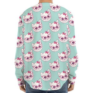 Girly Cat With Glasses Pattern Print Long Sleeve Baseball Jersey