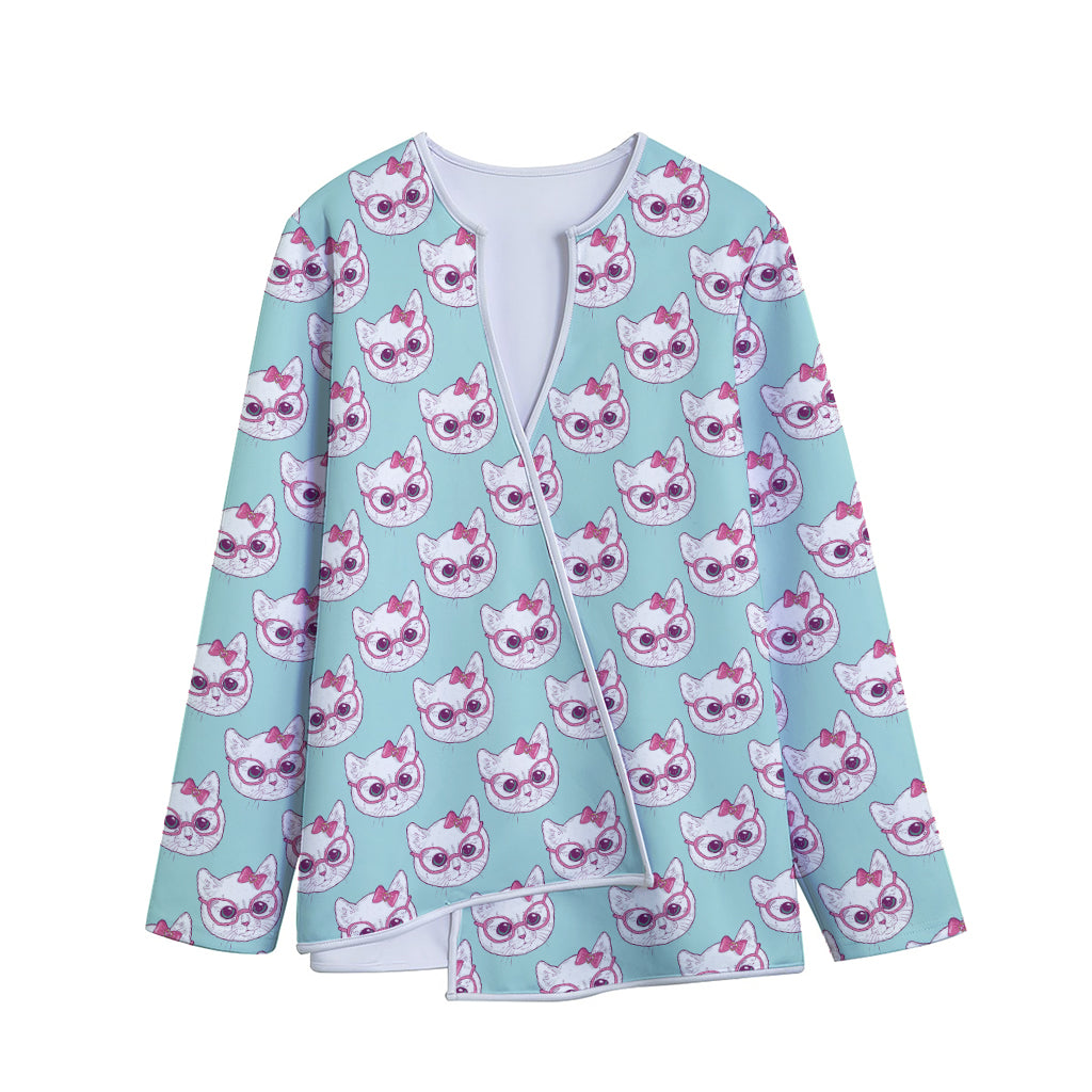 Girly Cat With Glasses Pattern Print Long Sleeve Short Coat