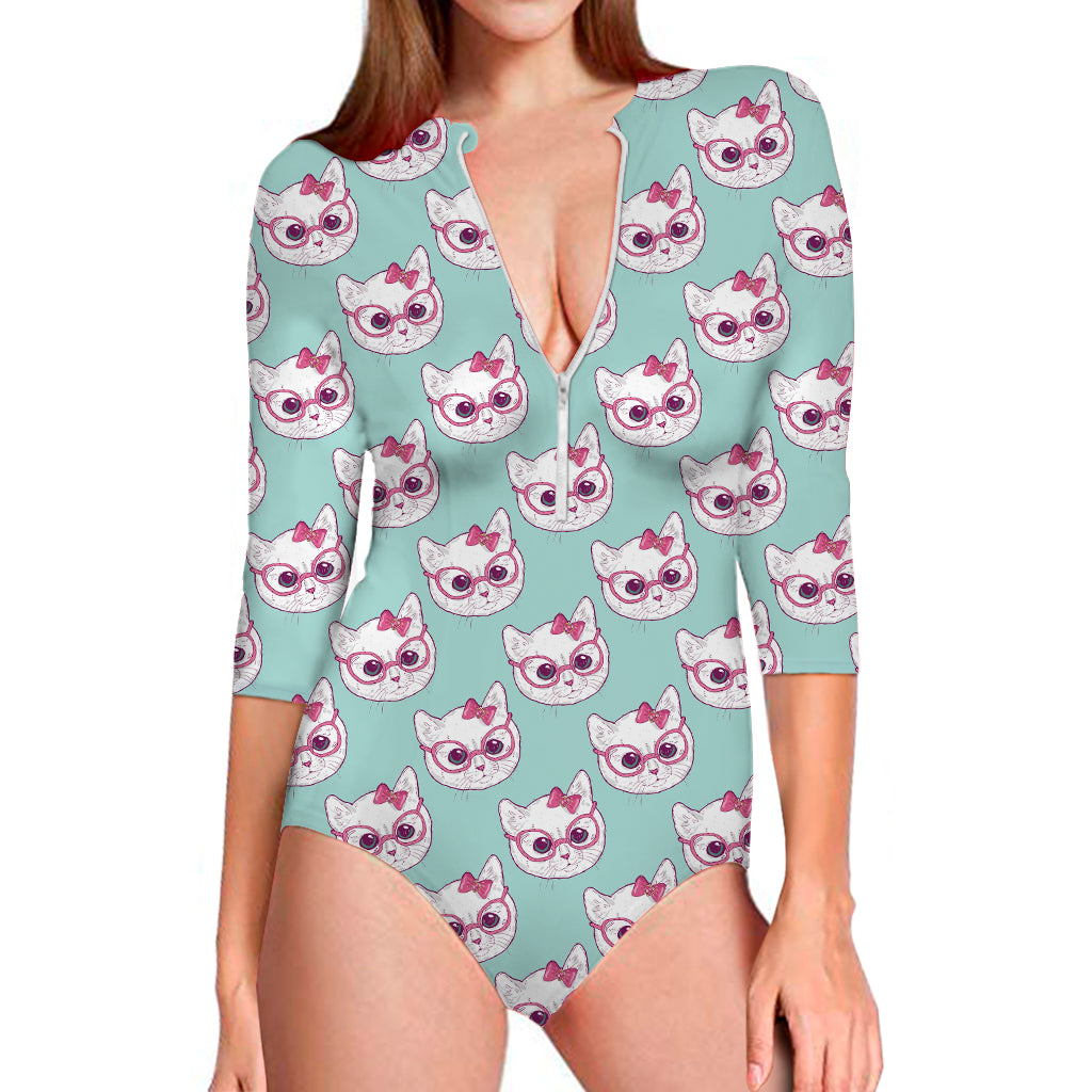 Girly Cat With Glasses Pattern Print Long Sleeve Swimsuit