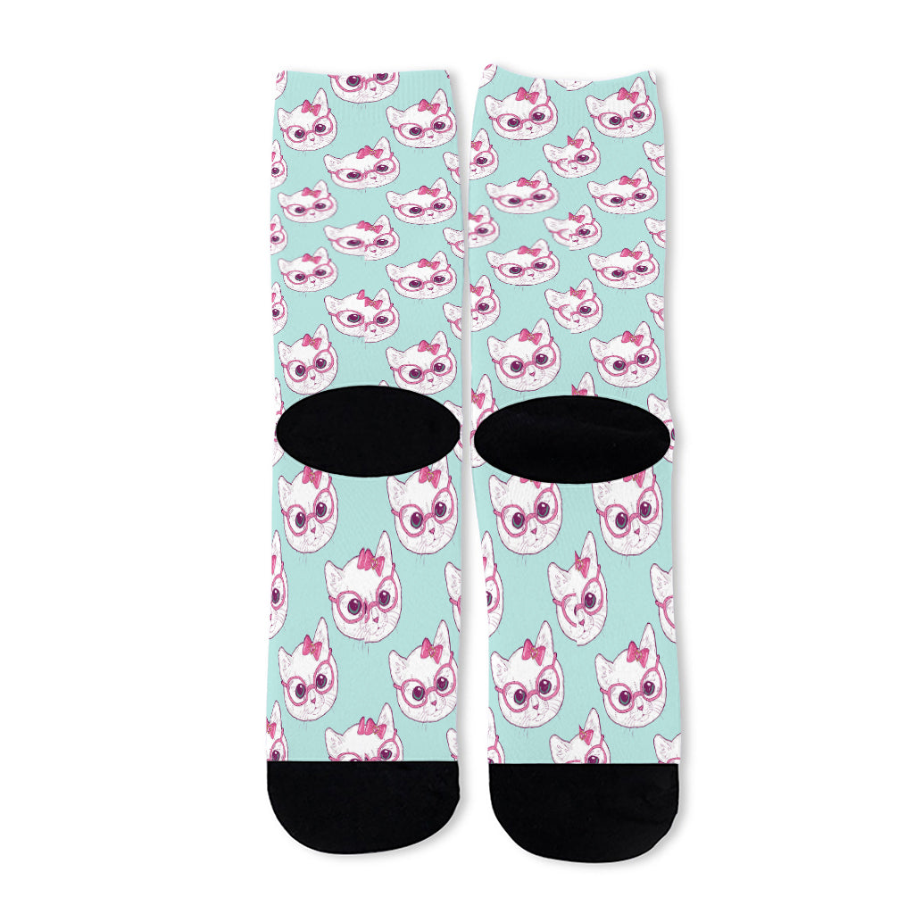 Girly Cat With Glasses Pattern Print Long Socks