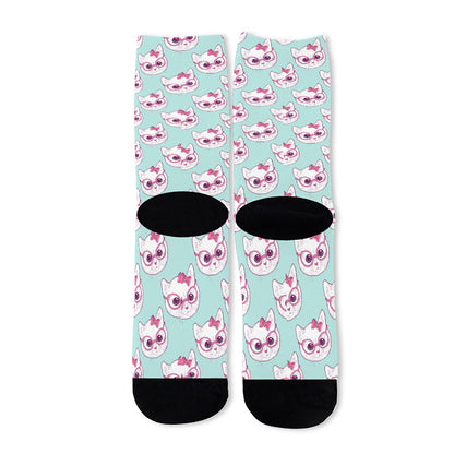 Girly Cat With Glasses Pattern Print Long Socks