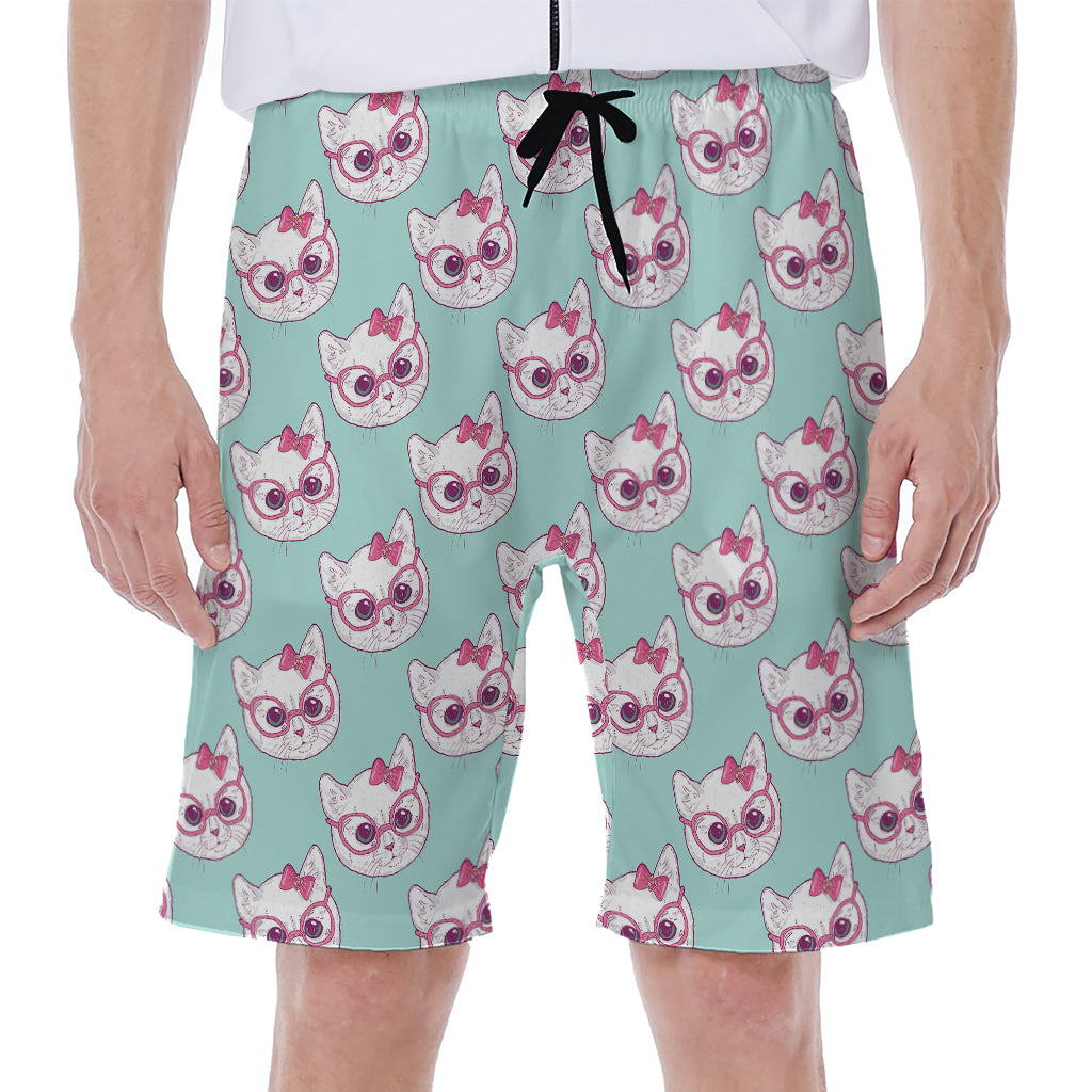 Girly Cat With Glasses Pattern Print Men's Beach Shorts