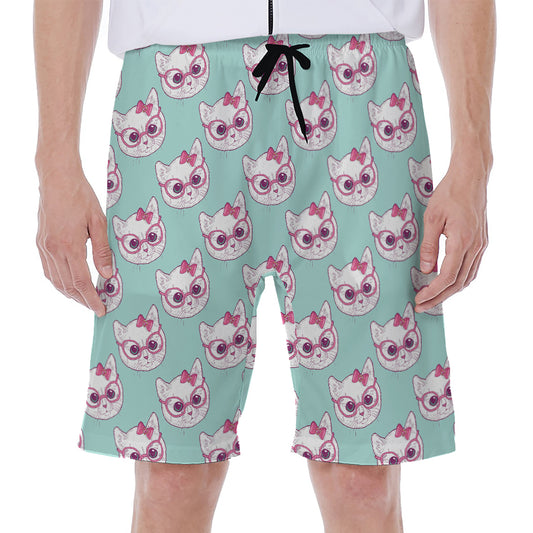 Girly Cat With Glasses Pattern Print Men's Beach Shorts