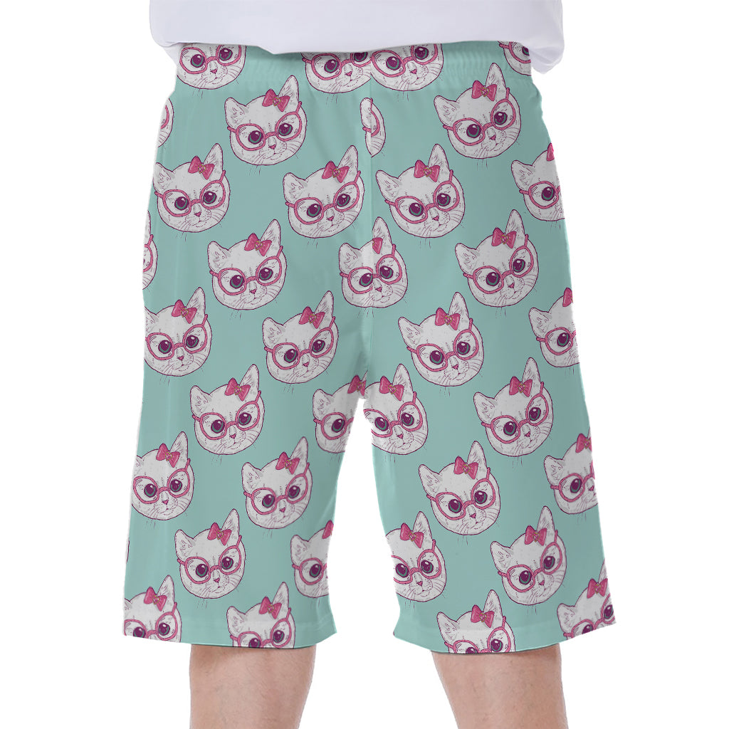 Girly Cat With Glasses Pattern Print Men's Beach Shorts