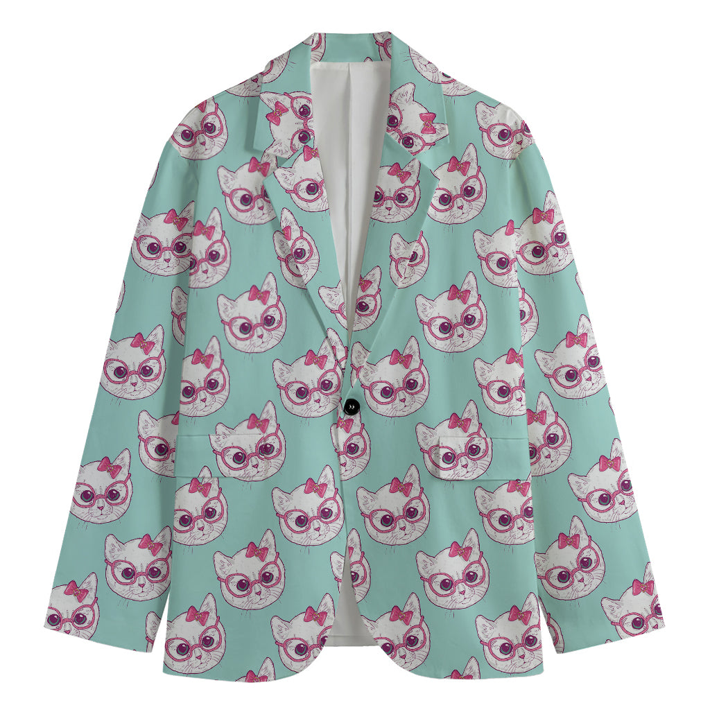 Girly Cat With Glasses Pattern Print Men's Blazer