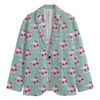 Girly Cat With Glasses Pattern Print Men's Blazer