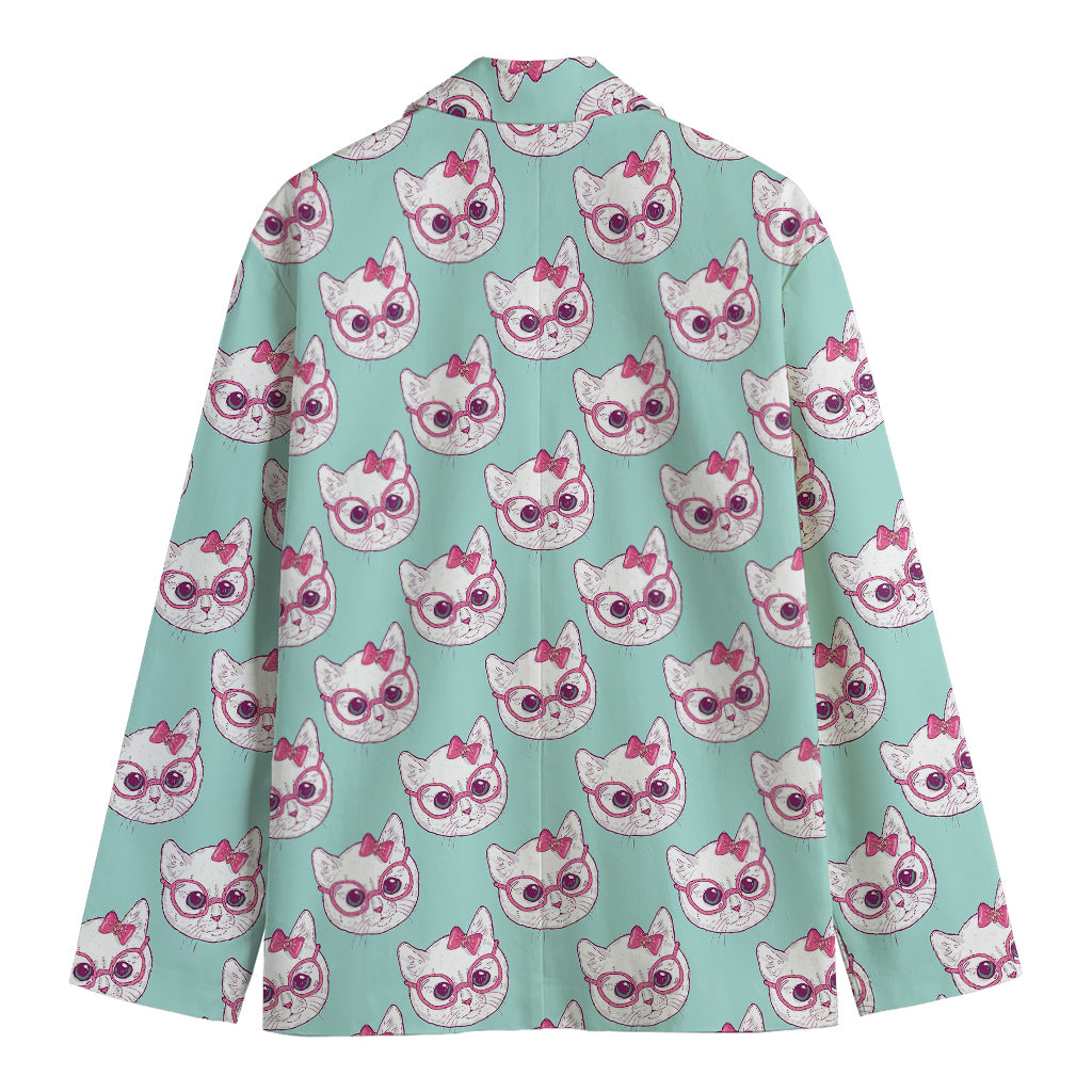 Girly Cat With Glasses Pattern Print Men's Blazer