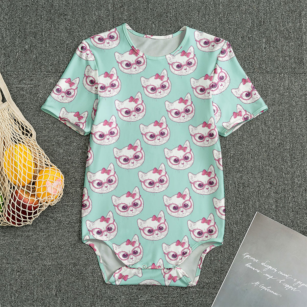 Girly Cat With Glasses Pattern Print Men's Bodysuit