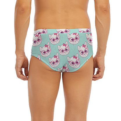Girly Cat With Glasses Pattern Print Men's Briefs