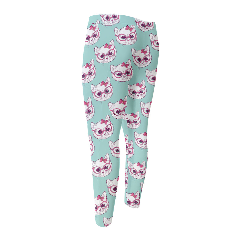 Girly Cat With Glasses Pattern Print Men's Compression Pants