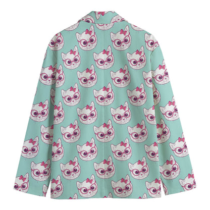 Girly Cat With Glasses Pattern Print Men's Cotton Blazer