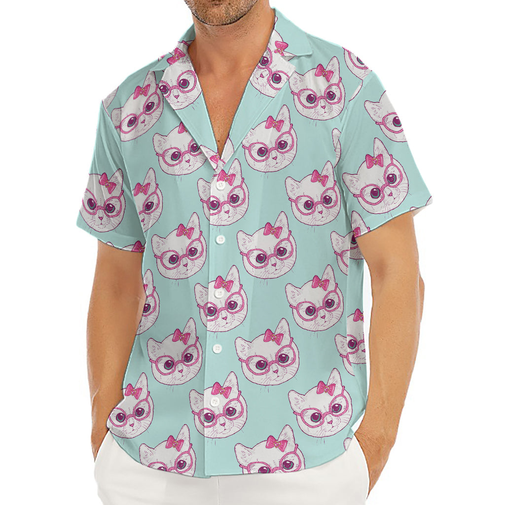 Girly Cat With Glasses Pattern Print Men's Deep V-Neck Shirt