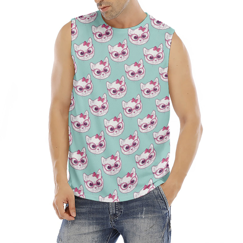 Girly Cat With Glasses Pattern Print Men's Fitness Tank Top