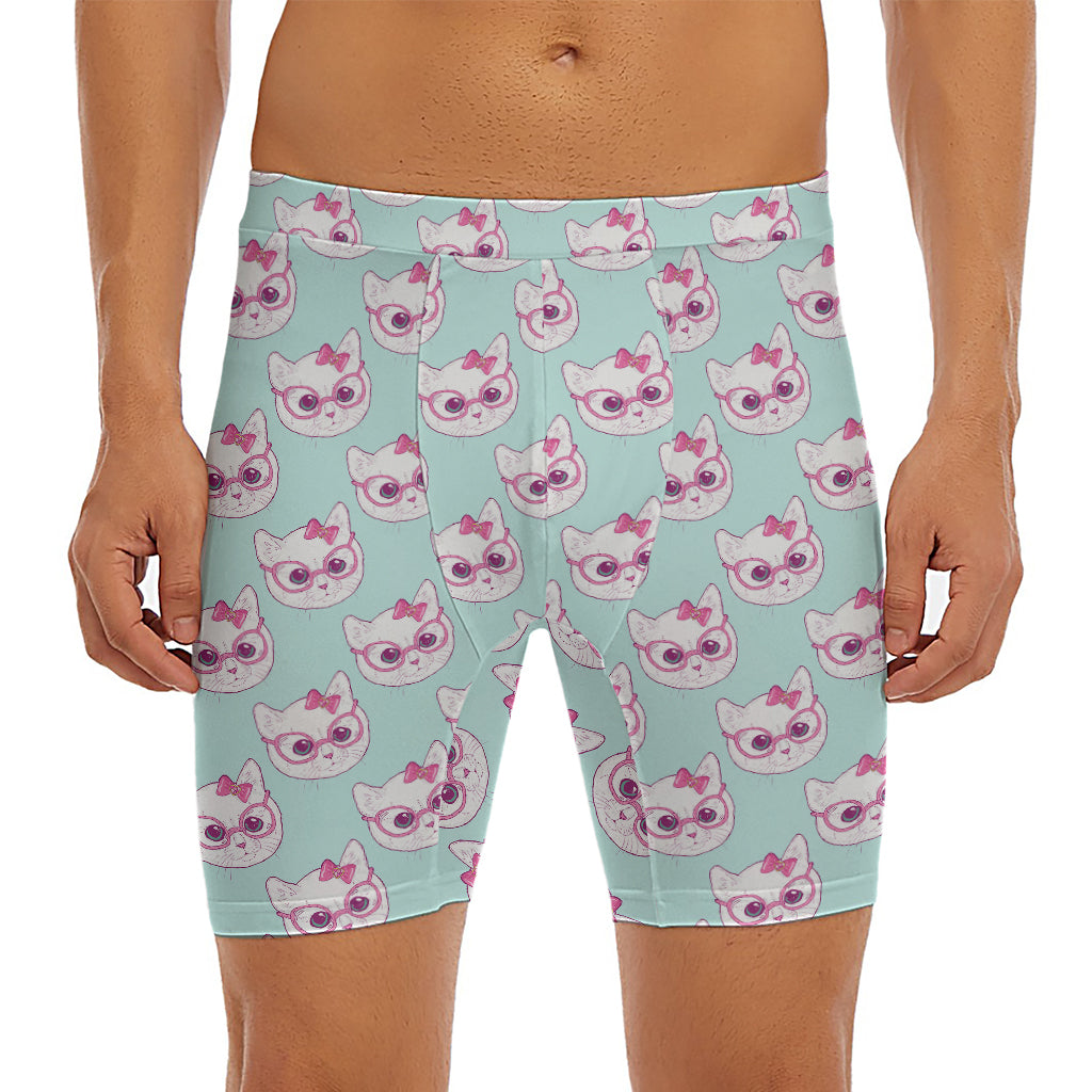 Girly Cat With Glasses Pattern Print Men's Long Boxer Briefs
