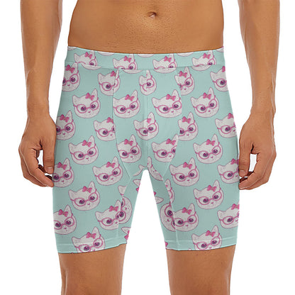 Girly Cat With Glasses Pattern Print Men's Long Boxer Briefs
