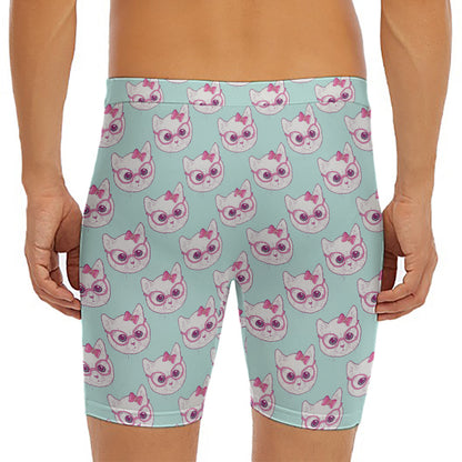 Girly Cat With Glasses Pattern Print Men's Long Boxer Briefs