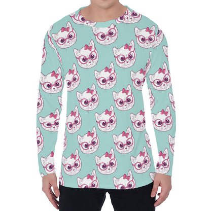 Girly Cat With Glasses Pattern Print Men's Long Sleeve T-Shirt