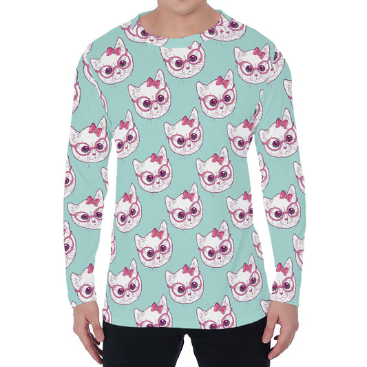 Girly Cat With Glasses Pattern Print Men's Long Sleeve T-Shirt