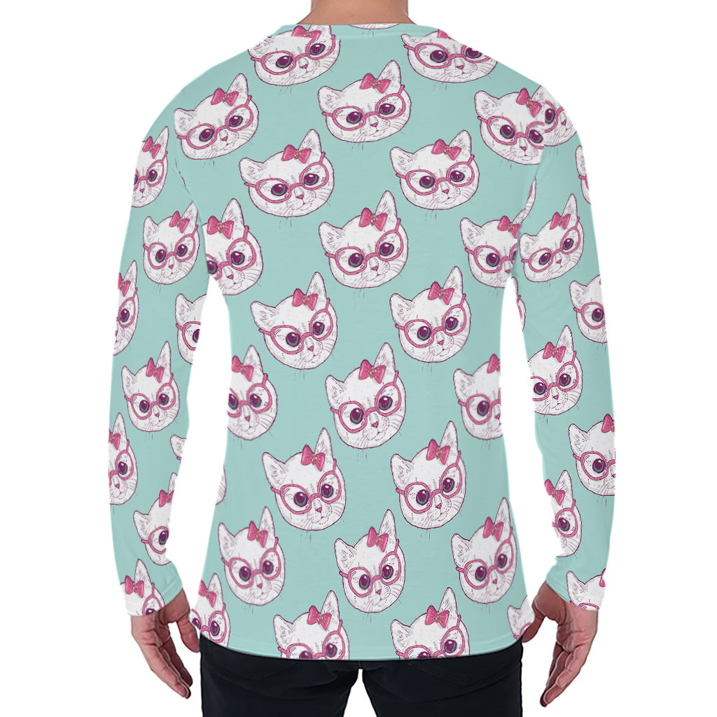 Girly Cat With Glasses Pattern Print Men's Long Sleeve T-Shirt