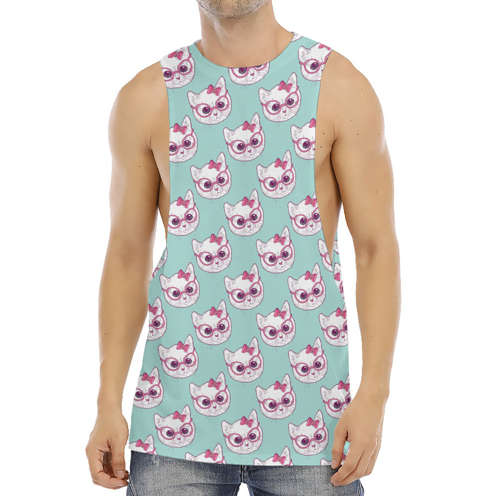 Girly Cat With Glasses Pattern Print Men's Muscle Tank Top