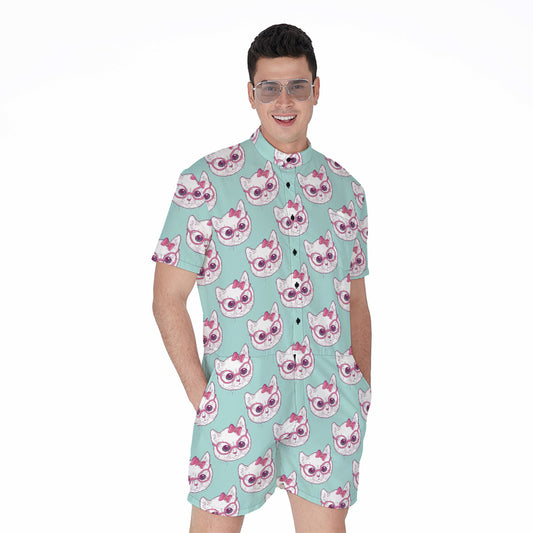 Girly Cat With Glasses Pattern Print Men's Rompers