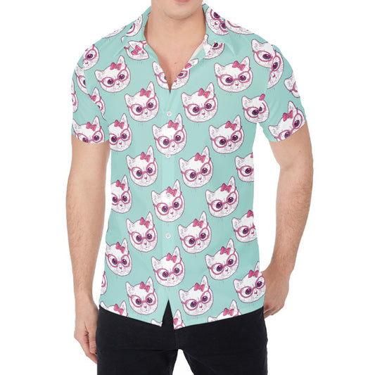 Girly Cat With Glasses Pattern Print Men's Shirt
