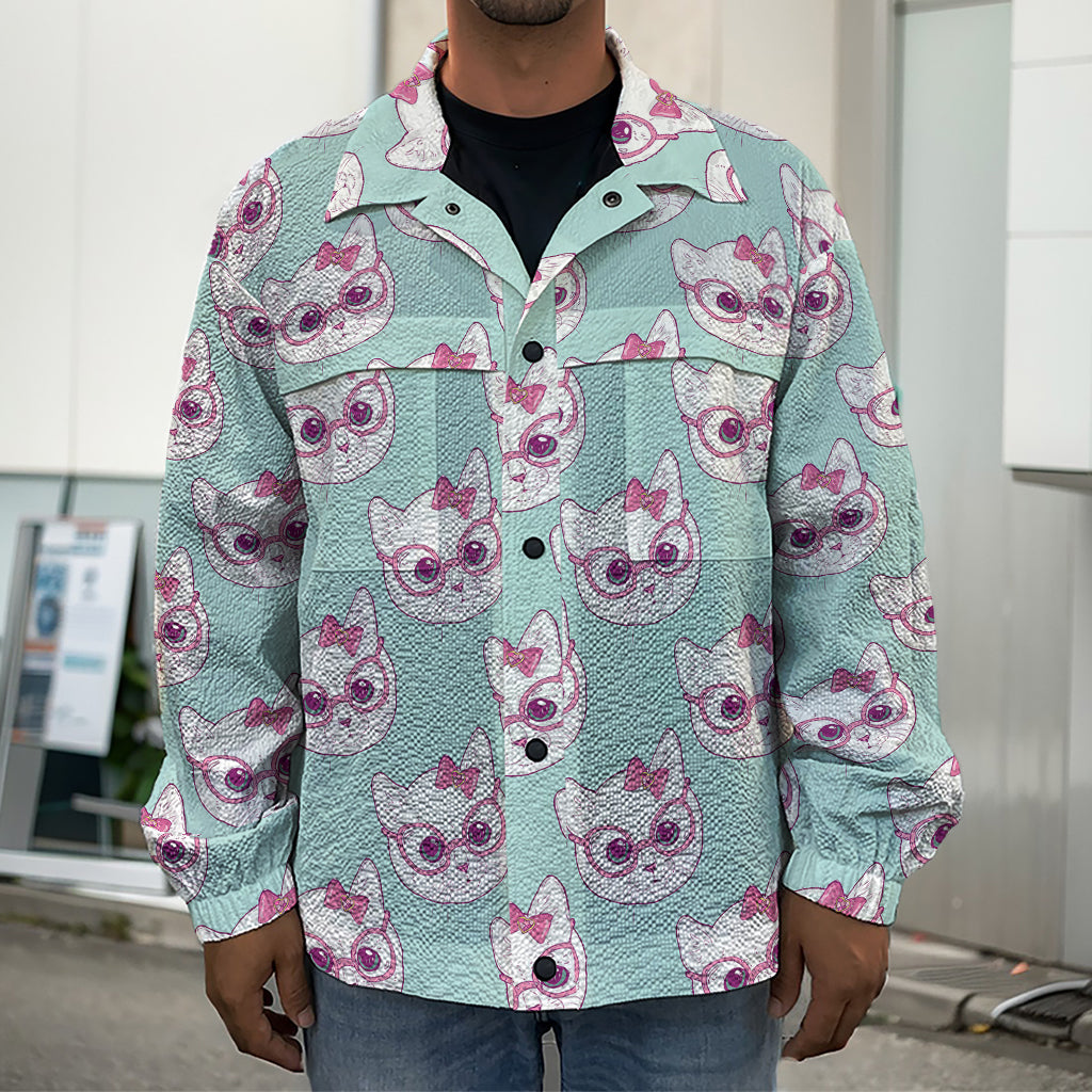 Girly Cat With Glasses Pattern Print Men's Shirt Jacket