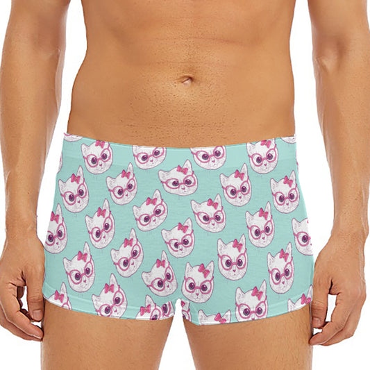 Girly Cat With Glasses Pattern Print Men's Short Boxer Briefs