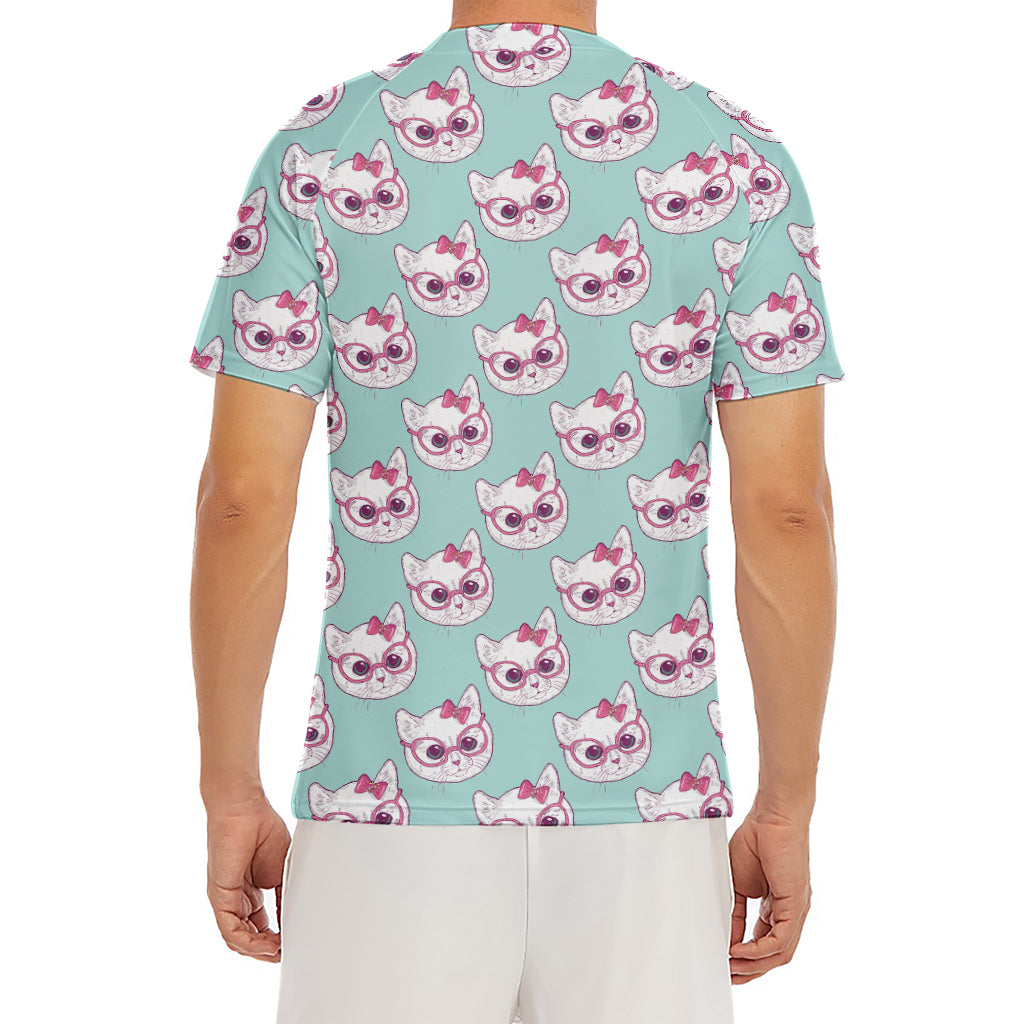 Girly Cat With Glasses Pattern Print Men's Short Sleeve Rash Guard
