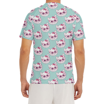 Girly Cat With Glasses Pattern Print Men's Short Sleeve Rash Guard