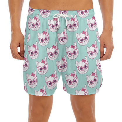 Girly Cat With Glasses Pattern Print Men's Split Running Shorts