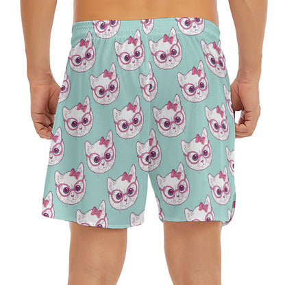 Girly Cat With Glasses Pattern Print Men's Split Running Shorts