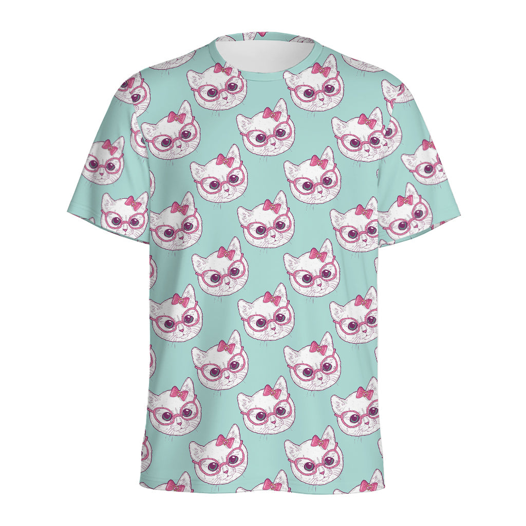 Girly Cat With Glasses Pattern Print Men's Sports T-Shirt