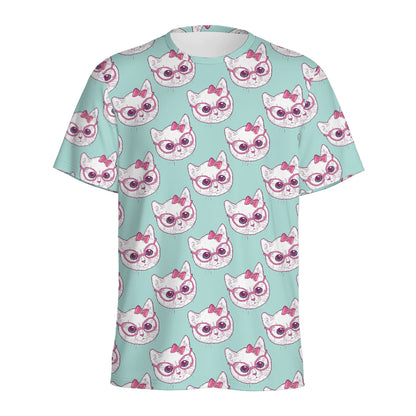 Girly Cat With Glasses Pattern Print Men's Sports T-Shirt