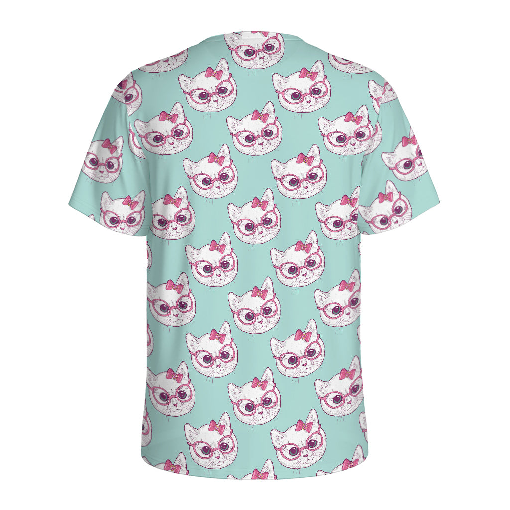 Girly Cat With Glasses Pattern Print Men's Sports T-Shirt