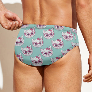 Girly Cat With Glasses Pattern Print Men's Swim Briefs