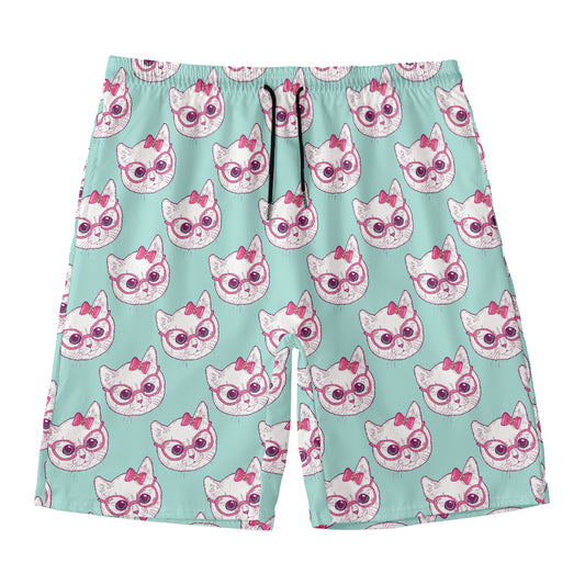 Girly Cat With Glasses Pattern Print Men's Swim Trunks