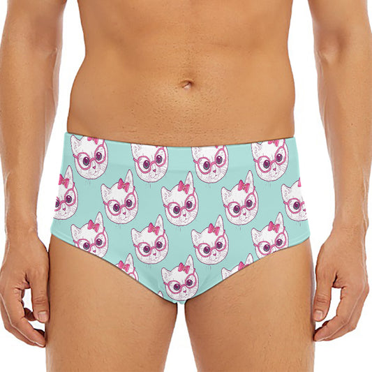 Girly Cat With Glasses Pattern Print Men's Triangle Swim Briefs