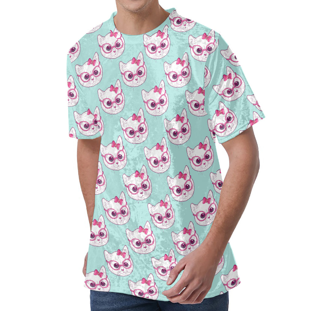 Girly Cat With Glasses Pattern Print Men's Velvet T-Shirt