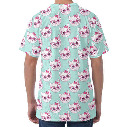 Girly Cat With Glasses Pattern Print Men's Velvet T-Shirt