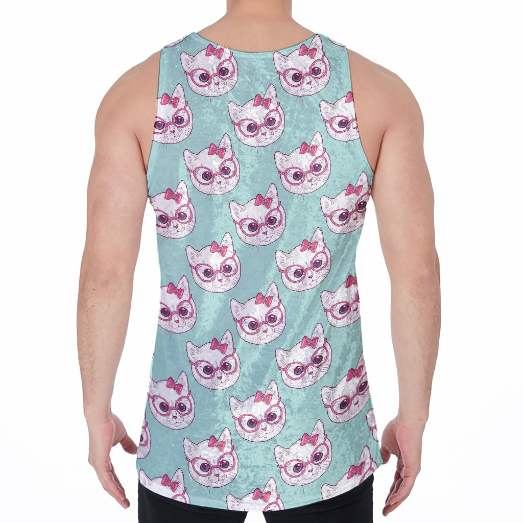 Girly Cat With Glasses Pattern Print Men's Velvet Tank Top