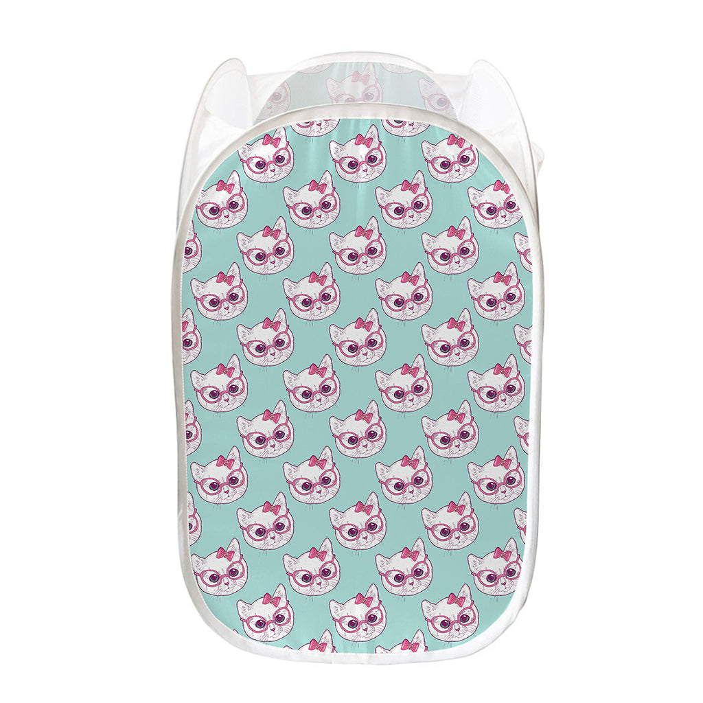 Girly Cat With Glasses Pattern Print Mesh Laundry Hamper