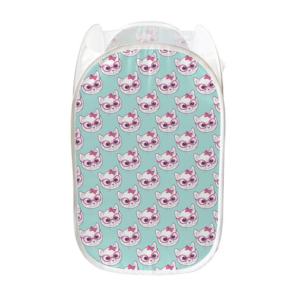 Girly Cat With Glasses Pattern Print Mesh Laundry Hamper