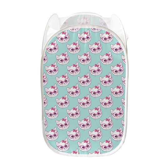 Girly Cat With Glasses Pattern Print Mesh Laundry Hamper
