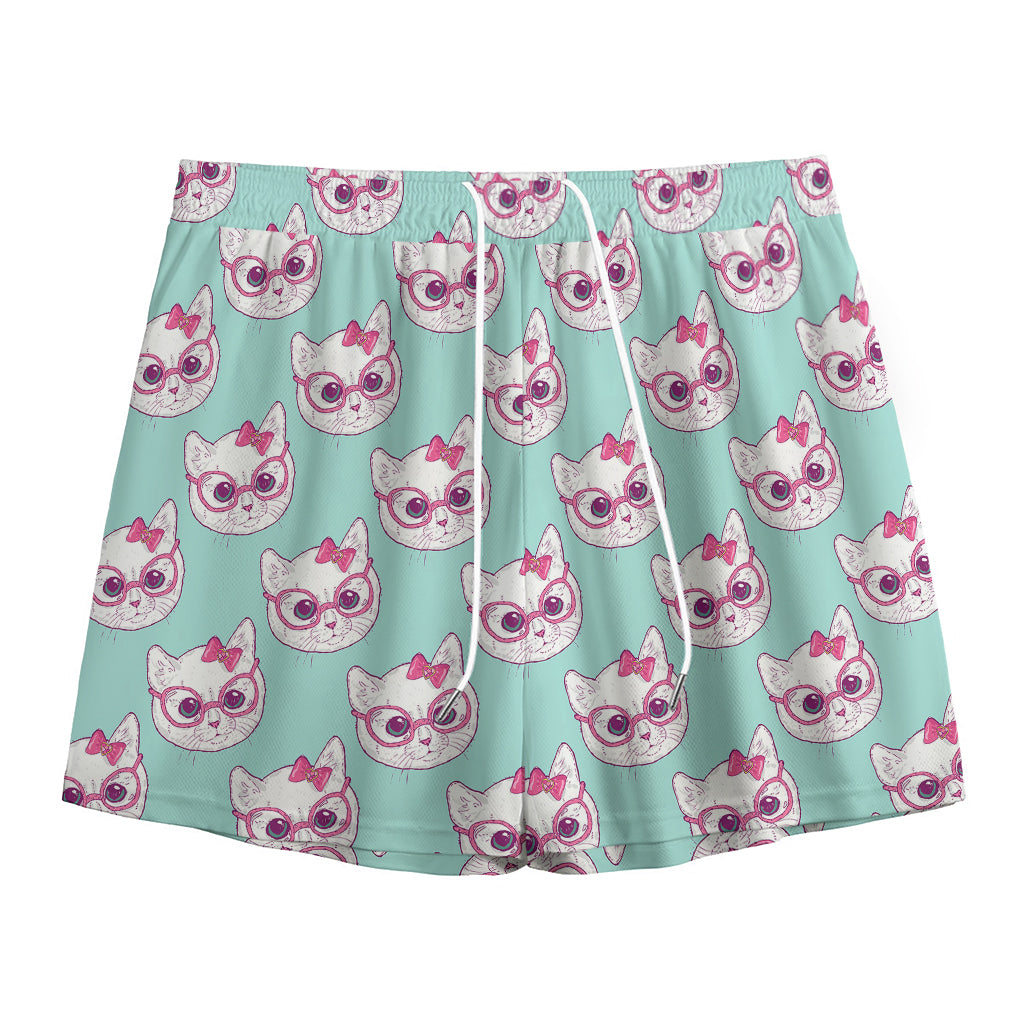 Girly Cat With Glasses Pattern Print Mesh Shorts
