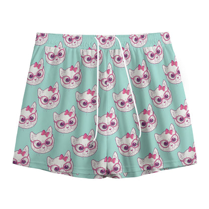 Girly Cat With Glasses Pattern Print Mesh Shorts